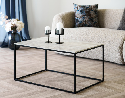 Table basse plateau effet travertin en FSC® 100% pieds en métal 90 cm Maya