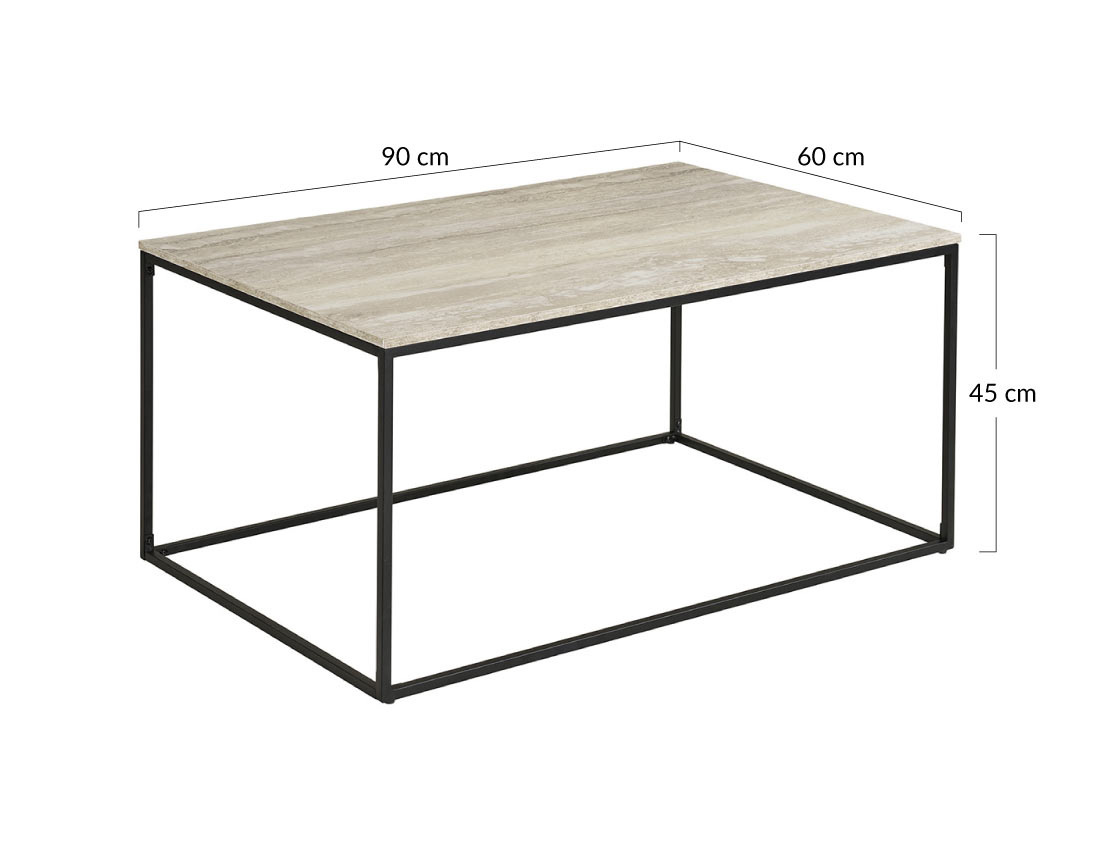 Table basse plateau effet travertin en FSC® 100% pieds en métal 90 cm Maya