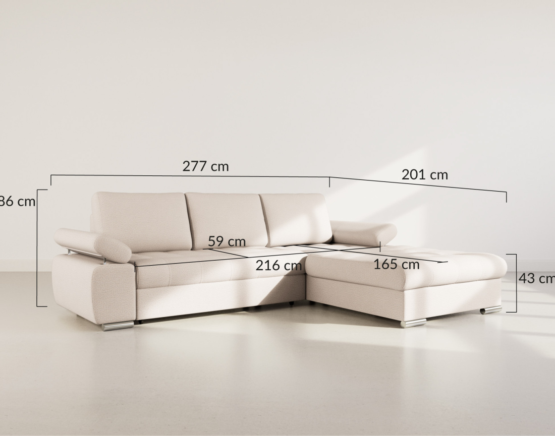 Canapé d'angle droit 4 places convertible avec coffre en tissu texturé Bianca