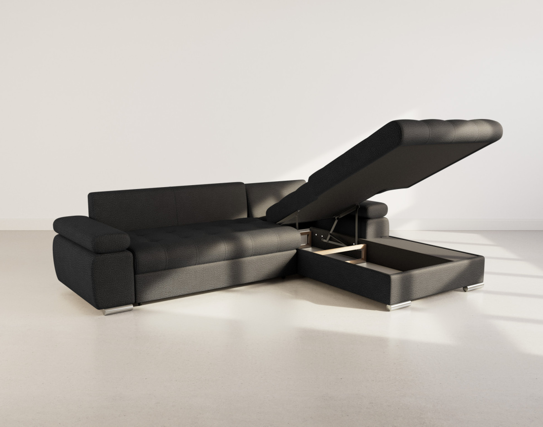 Canapé d'angle droit 4 places convertible avec coffre en tissu texturé Bianca