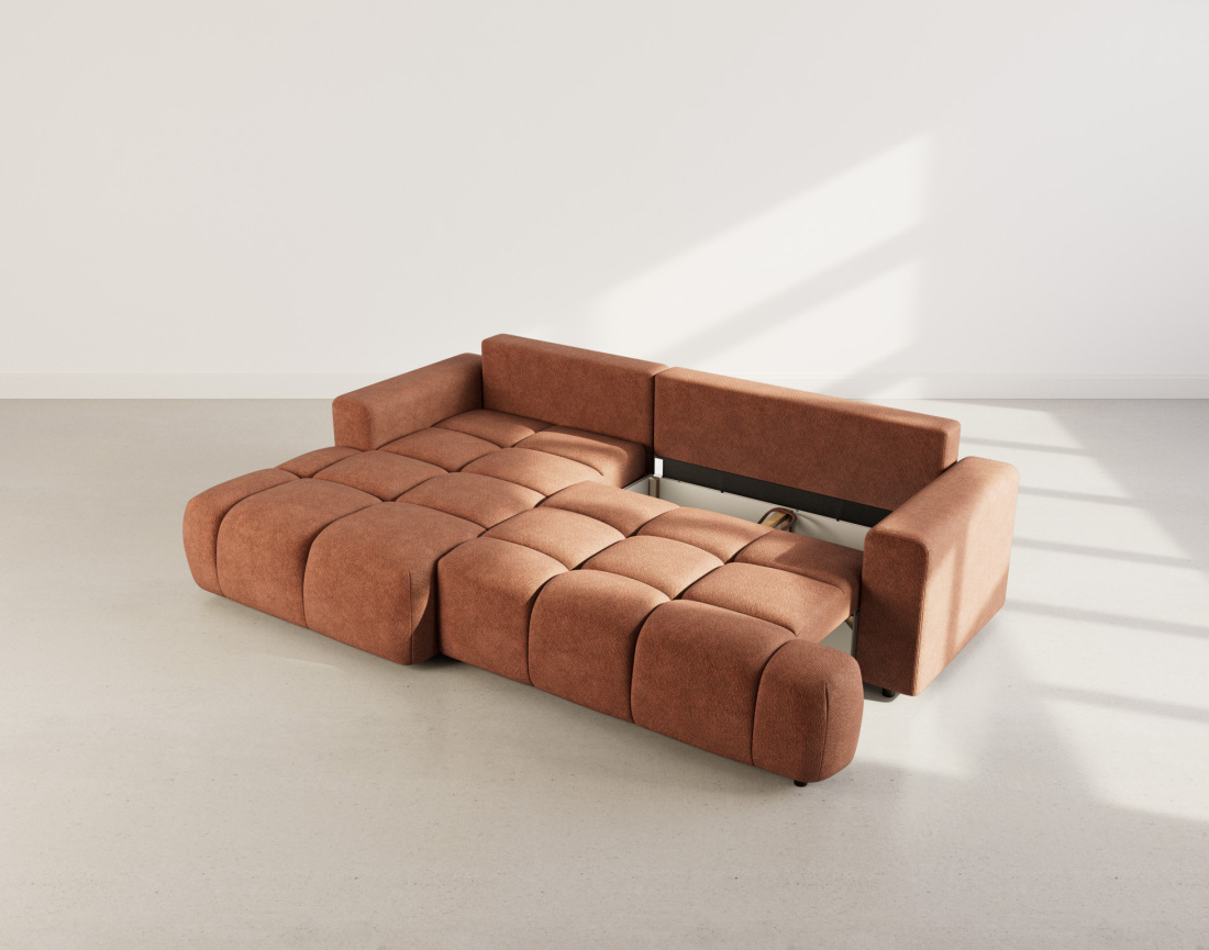 Canapé d'angle gauche 4 places convertible avec coffre en velours texturé Leonie