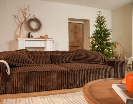 Canapé droit 3 places avec double méridienne en fausse fourrure côtelée Richie