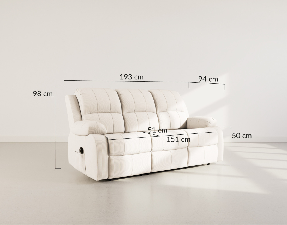 Canapé 3 places relax électrique en velours côtelé Armand