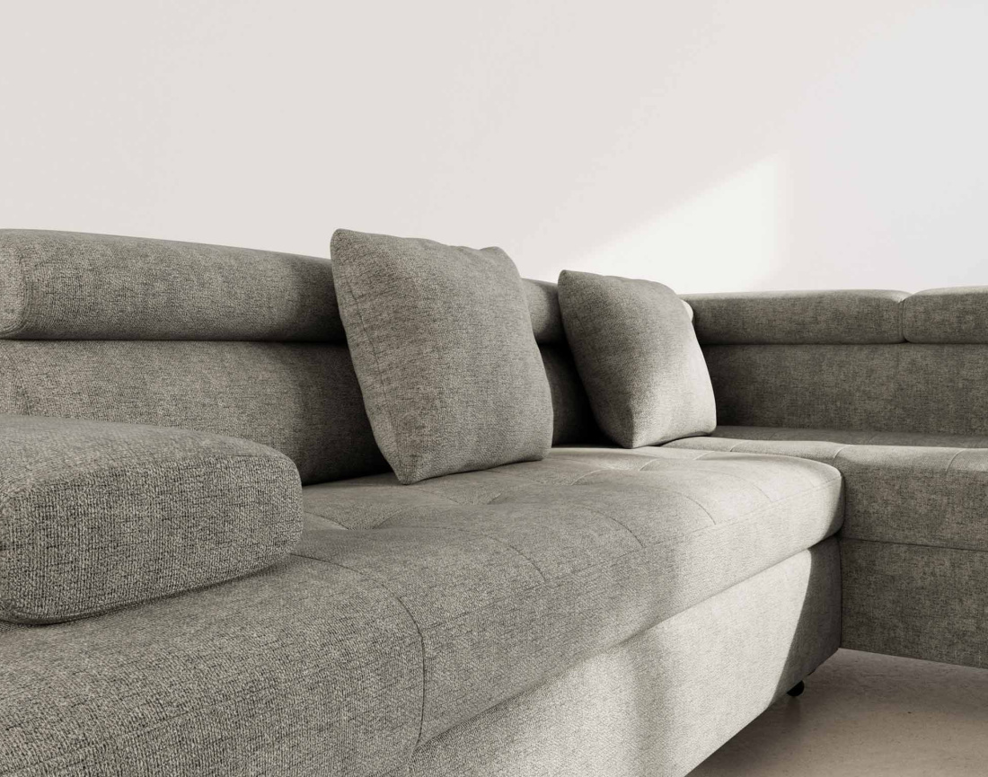Canapé d'angle droit 5 places convertible avec coffre et têtières réglables en velours texturé Margaux