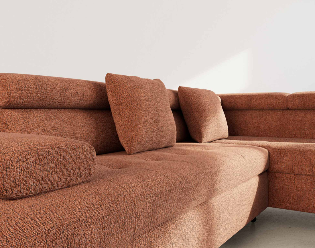 Canapé d'angle droit 5 places convertible avec coffre et têtières réglables en velours texturé Margaux