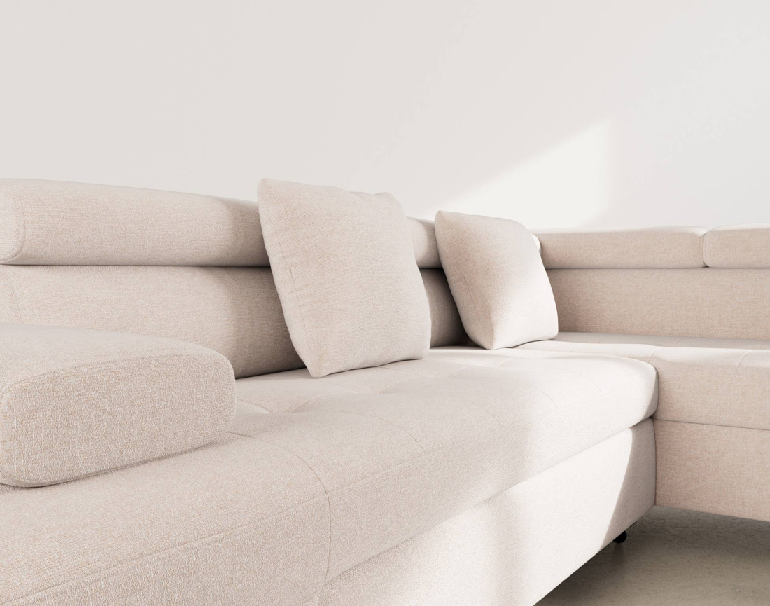 Canapé d'angle droit 5 places convertible avec coffre et têtières réglables en velours texturé Margaux