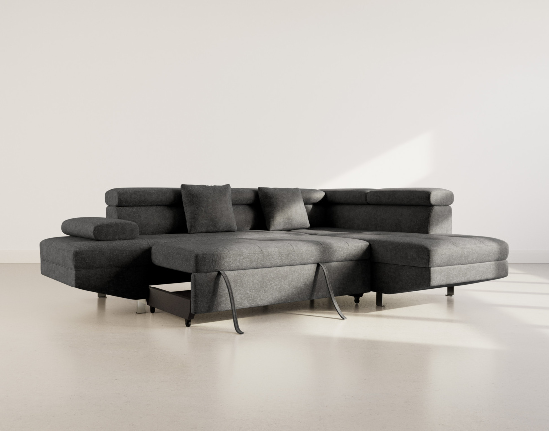 Canapé d'angle droit 5 places convertible avec coffre et têtières réglables en velours texturé Margaux