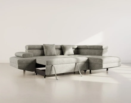 Canapé d'angle droit 5 places convertible avec coffre et têtières réglables en velours texturé Margaux