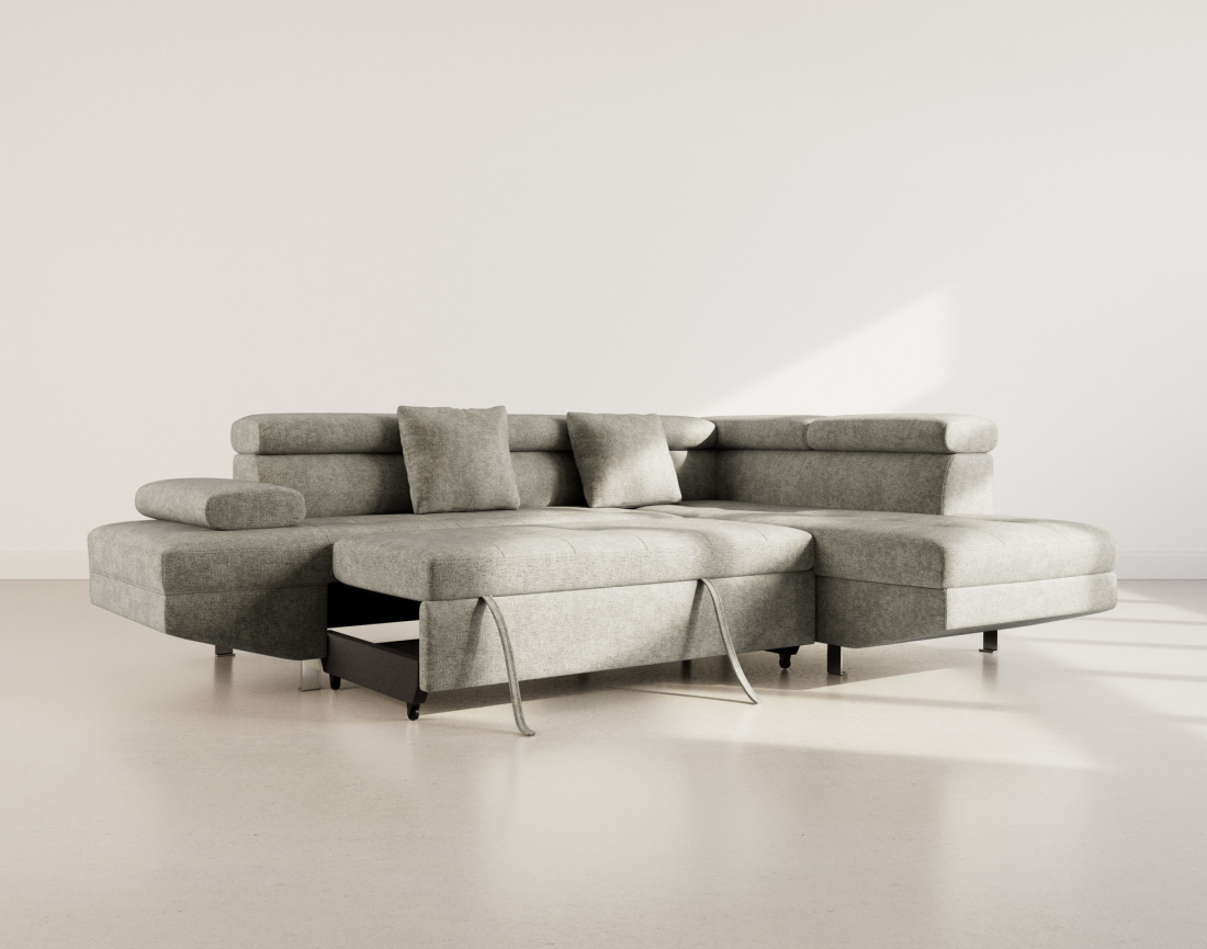 Canapé d'angle droit 5 places convertible avec coffre et têtières réglables en velours texturé Margaux