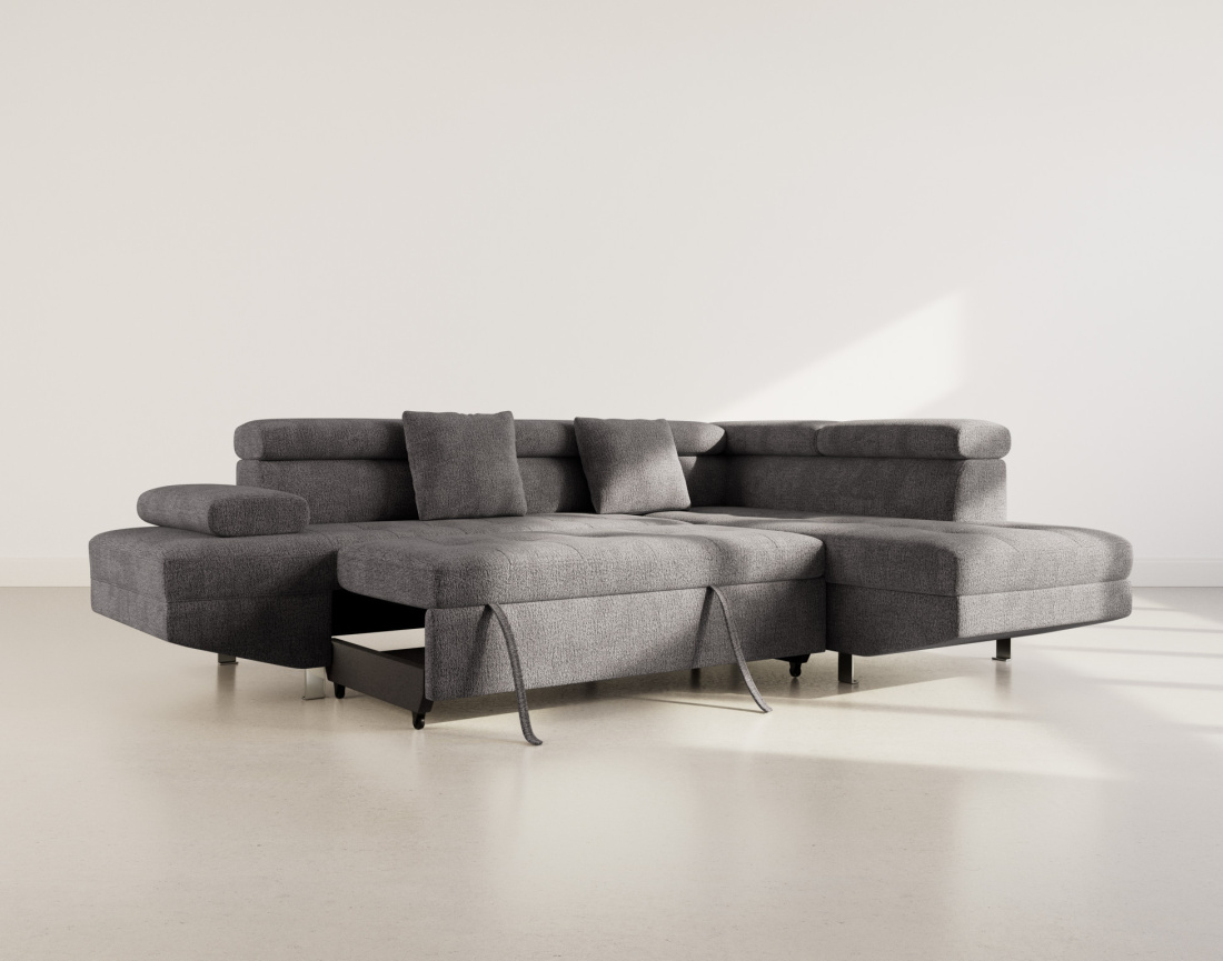 Canapé d'angle droit 5 places convertible avec coffre et têtières réglables en velours texturé Margaux