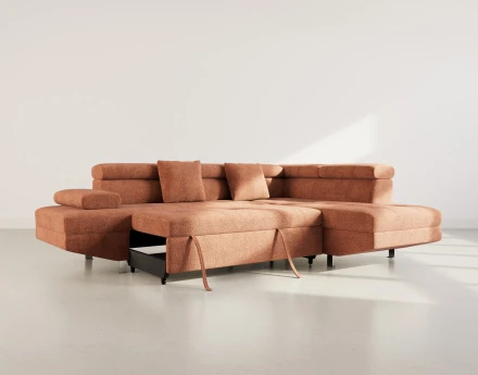 Canapé d'angle droit 5 places convertible avec coffre et têtières réglables en velours texturé Margaux