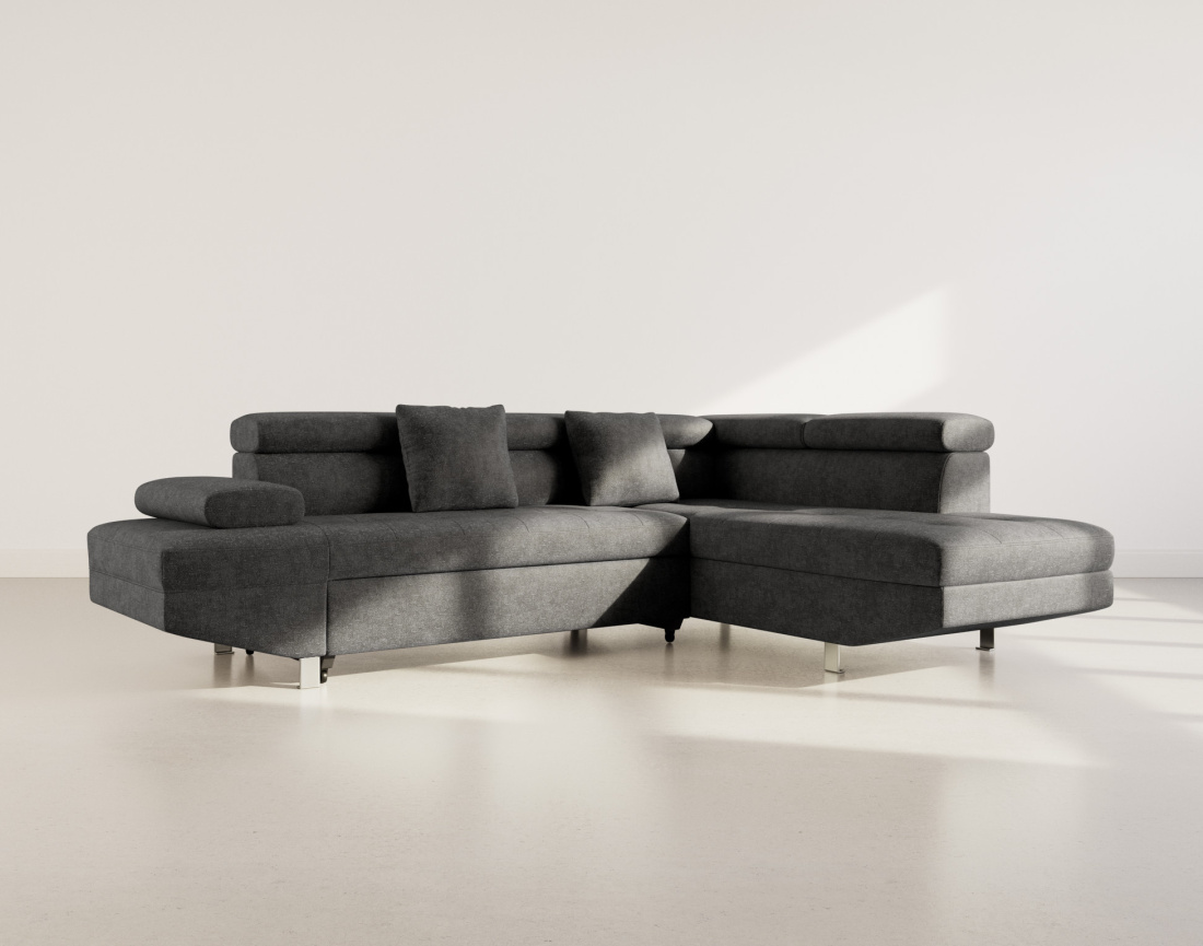 Canapé d'angle droit 5 places convertible avec coffre et têtières réglables en velours texturé Margaux