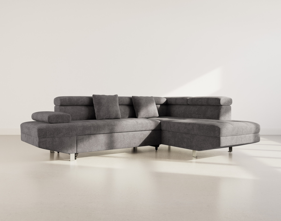 Canapé d'angle droit 5 places convertible avec coffre et têtières réglables en velours texturé Margaux