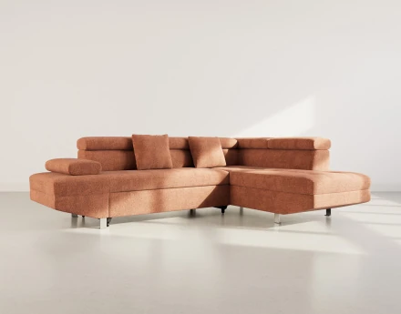 Canapé d'angle droit 5 places convertible avec coffre et têtières réglables en velours texturé Margaux