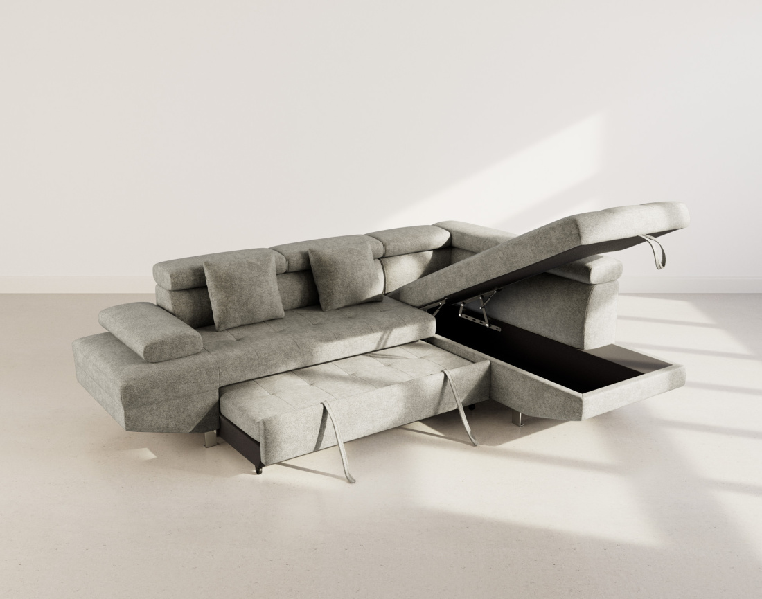 Canapé d'angle droit 5 places convertible avec coffre et têtières réglables en velours texturé Margaux