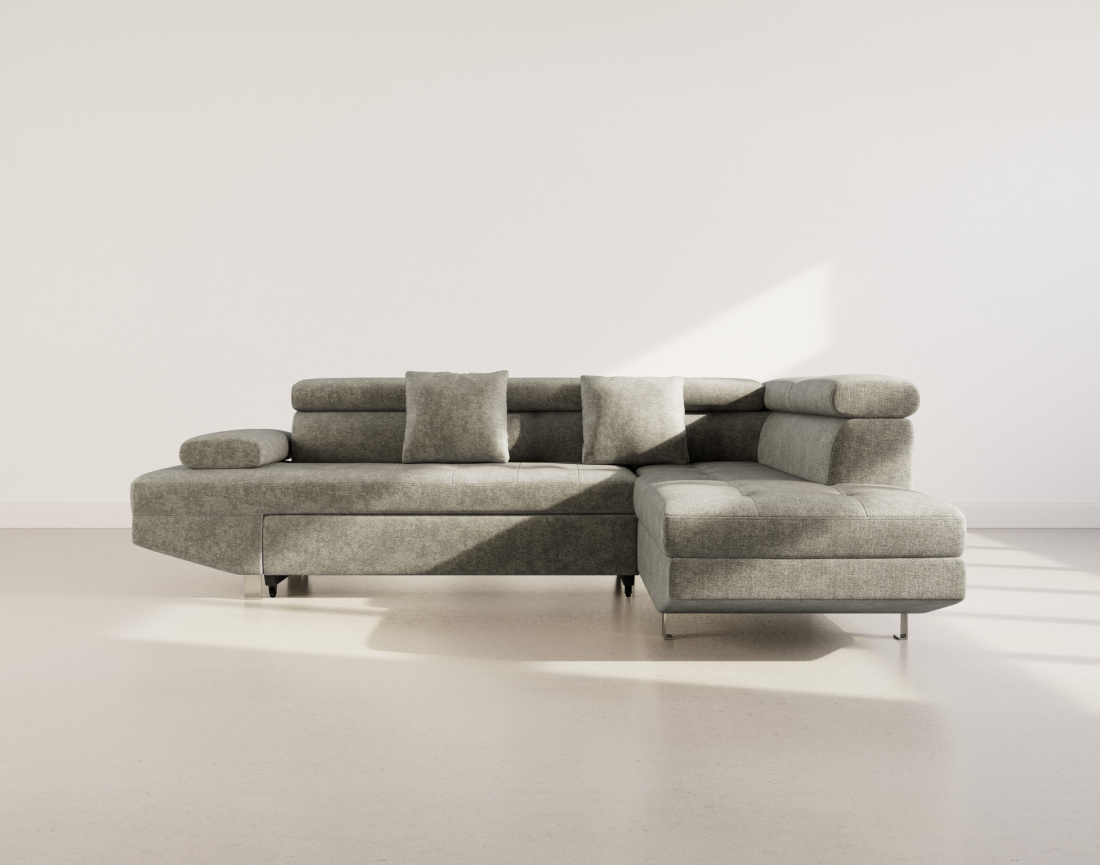 Canapé d'angle droit 5 places convertible avec coffre et têtières réglables en velours texturé Margaux