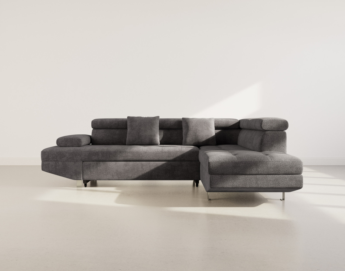 Canapé d'angle droit 5 places convertible avec coffre et têtières réglables en velours texturé Margaux