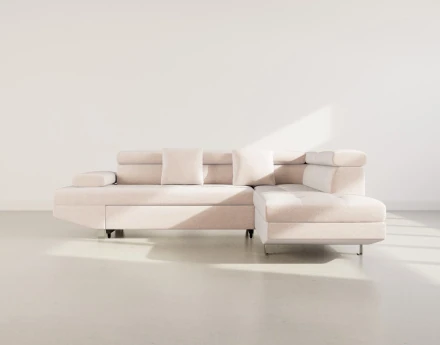 Canapé d'angle droit 5 places convertible avec coffre et têtières réglables en velours texturé Margaux