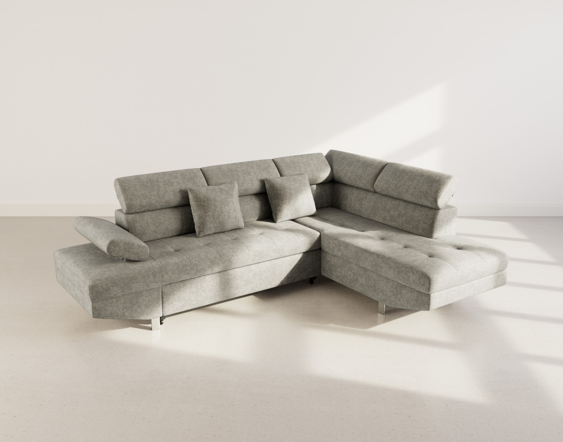 Canapé d'angle droit 5 places convertible avec coffre et têtières réglables en velours texturé Margaux