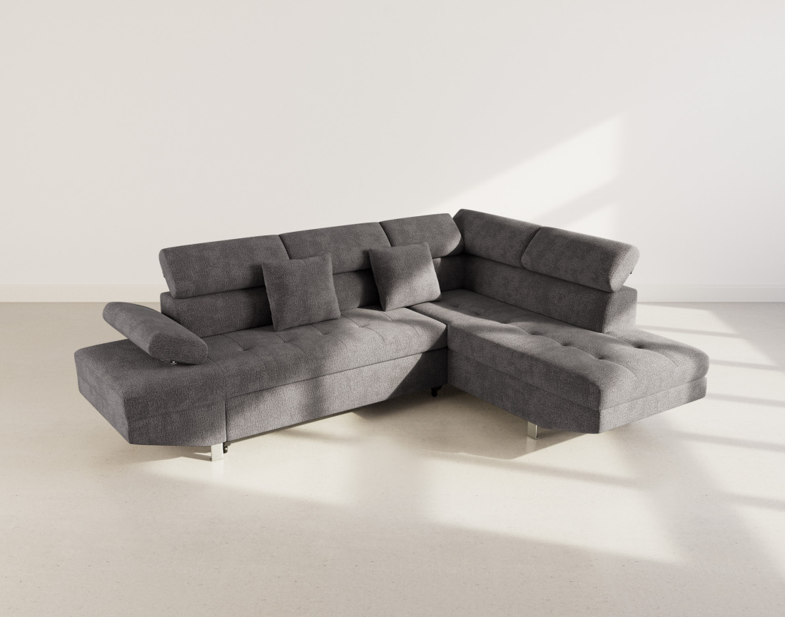 Canapé d'angle droit 5 places convertible avec coffre et têtières réglables en velours texturé Margaux