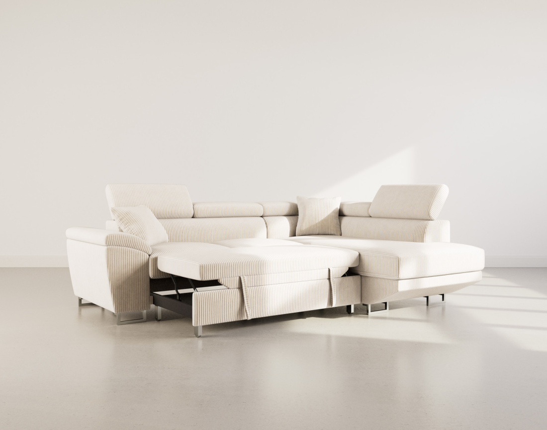 Canapé d'angle droit 5 places convertible avec têtières et coffre en velours côtelé Baoji