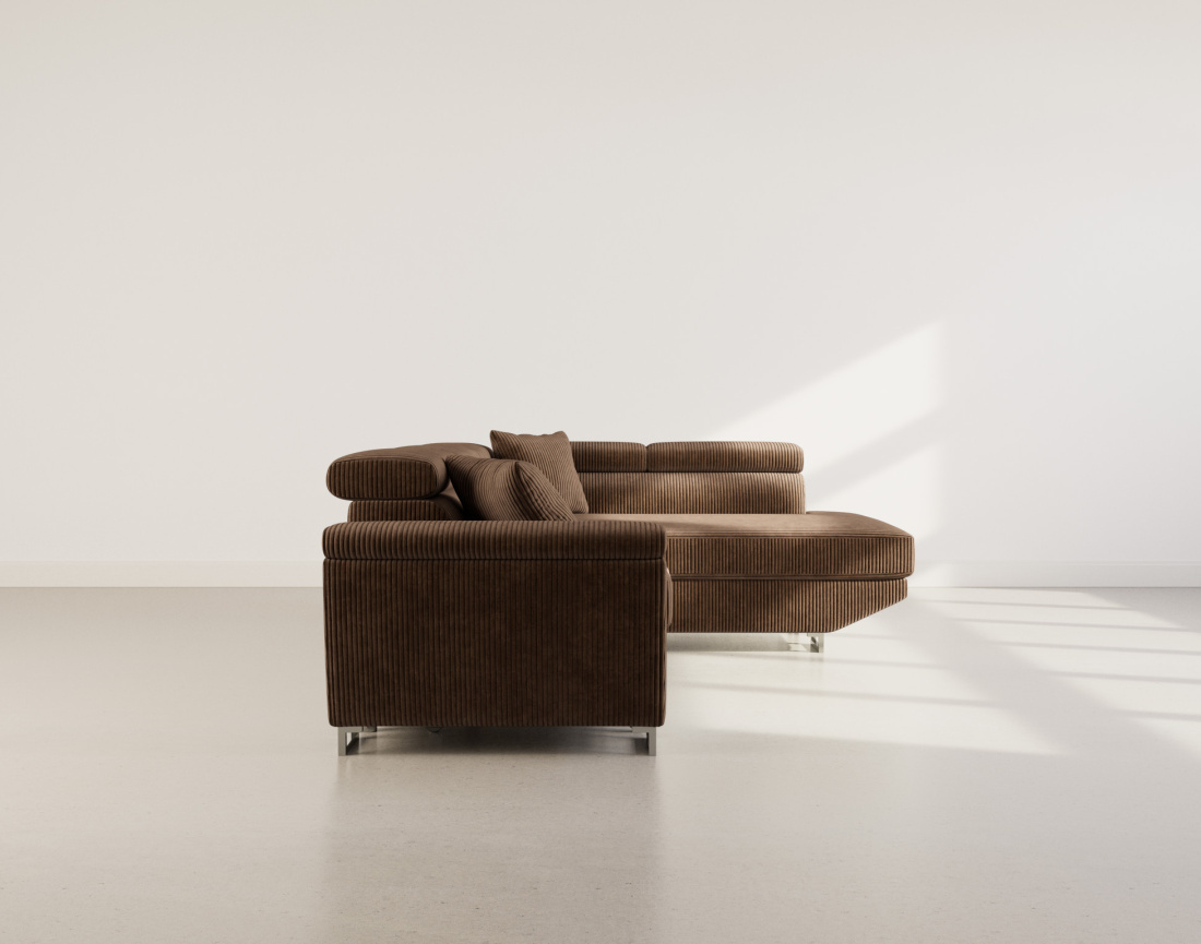 Canapé d'angle droit 5 places convertible avec têtières et coffre en velours côtelé Baoji