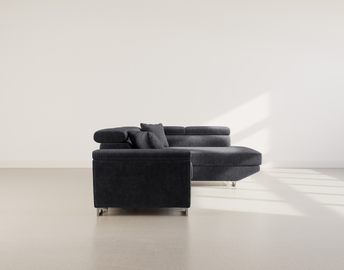 Canapé d'angle droit 5 places convertible avec têtières et coffre en velours côtelé Baoji