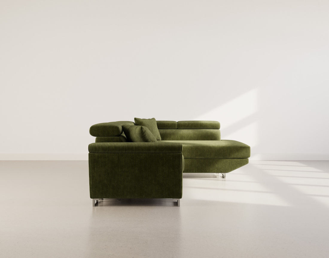 Canapé d'angle droit 5 places convertible avec têtières et coffre en velours côtelé Baoji