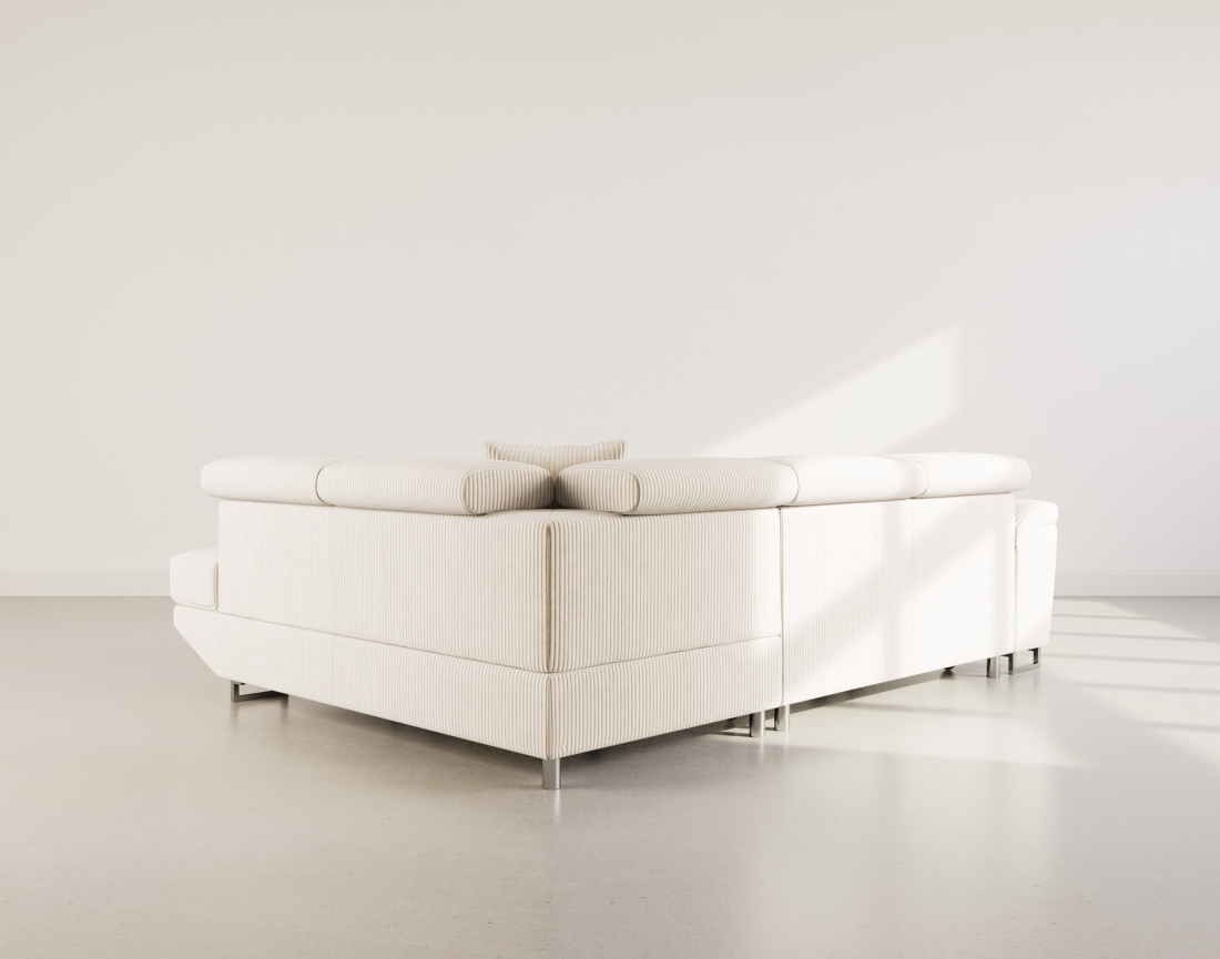 Canapé d'angle droit 5 places convertible avec têtières et coffre en velours côtelé Baoji