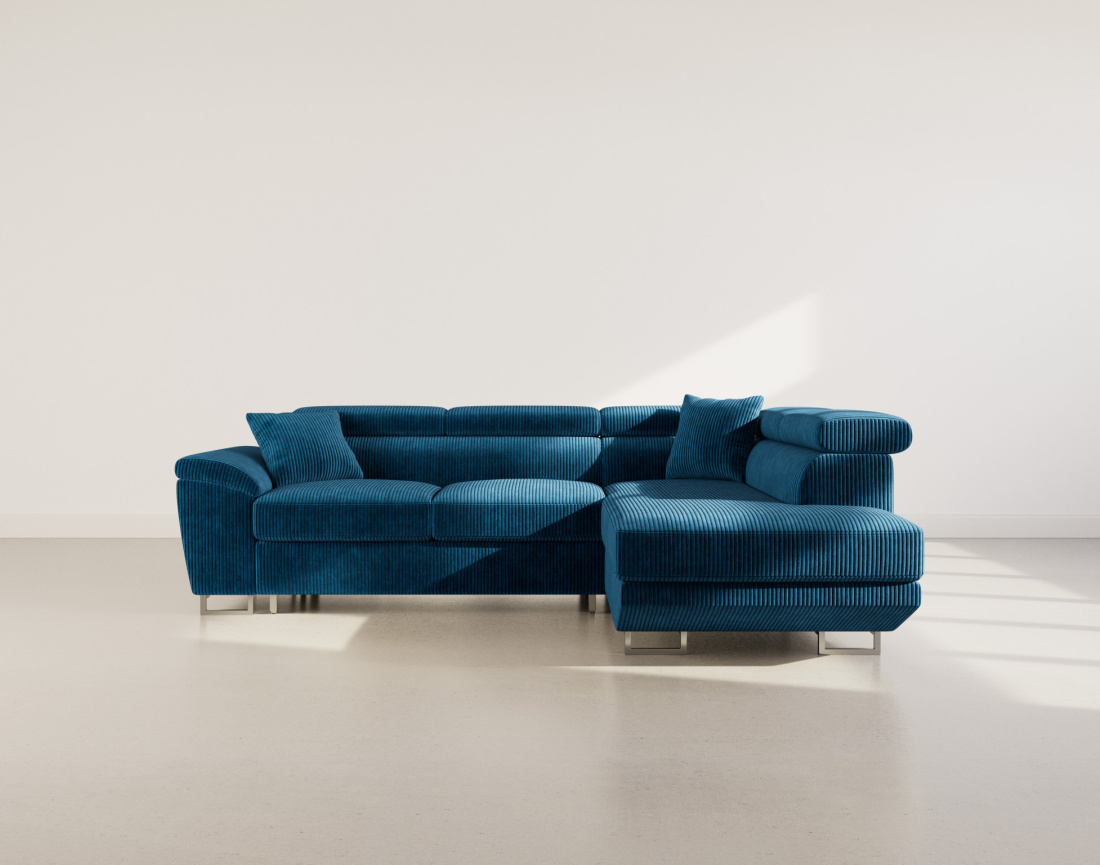 Canapé d'angle droit 5 places convertible avec têtières et coffre en velours côtelé Baoji