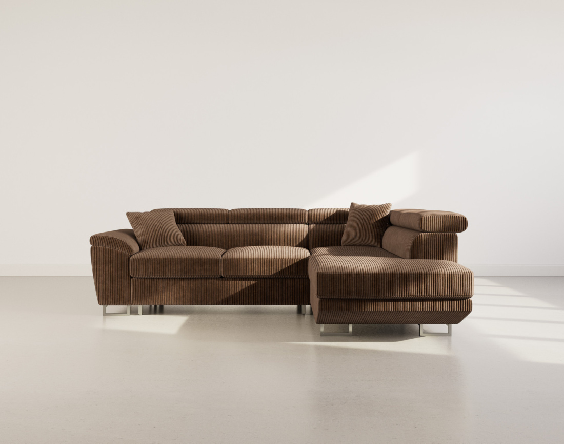 Canapé d'angle droit 5 places convertible avec têtières et coffre en velours côtelé Baoji