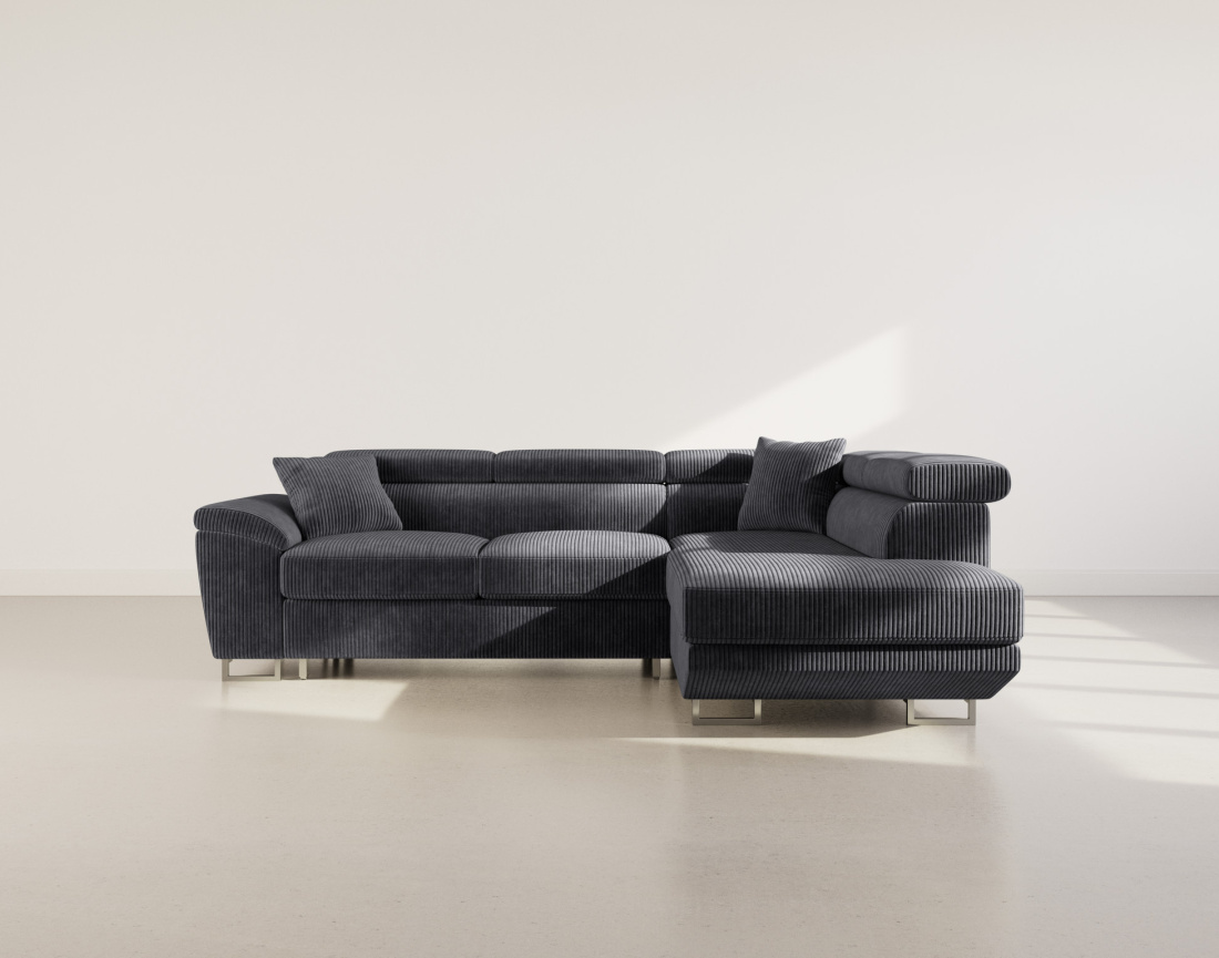 Canapé d'angle droit 5 places convertible avec têtières et coffre en velours côtelé Baoji