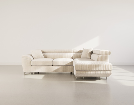 Canapé d'angle droit 5 places convertible avec têtières et coffre en velours côtelé Baoji