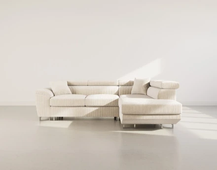 Canapé d'angle droit 5 places convertible avec têtières et coffre en velours côtelé Baoji