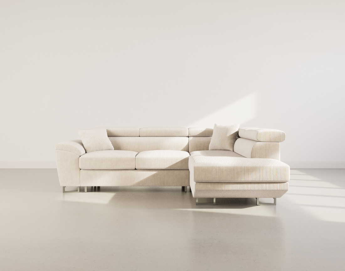 Canapé d'angle droit 5 places convertible avec têtières et coffre en velours côtelé Baoji