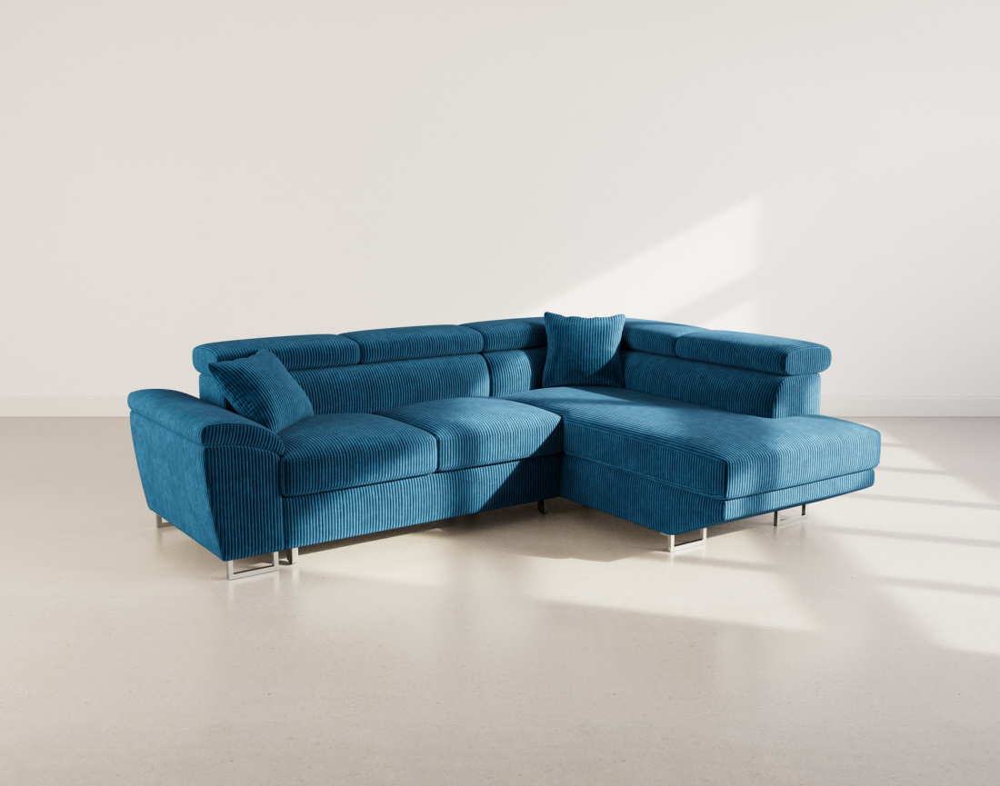 Canapé d'angle droit 5 places convertible avec têtières et coffre en velours côtelé Baoji