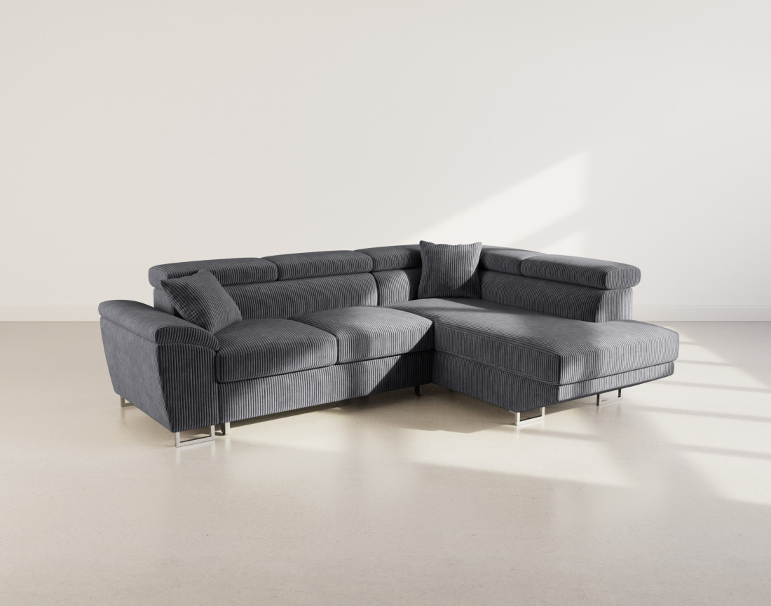 Canapé d'angle droit 5 places convertible avec têtières et coffre en velours côtelé Baoji