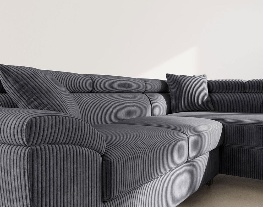 Canapé d'angle droit 5 places convertible avec têtières et coffre en velours côtelé Baoji