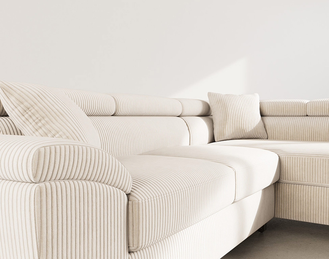 Canapé d'angle droit 5 places convertible avec têtières et coffre en velours côtelé Baoji