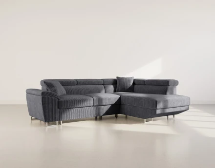 Canapé d'angle droit 5 places convertible avec têtières et coffre en velours côtelé Baoji