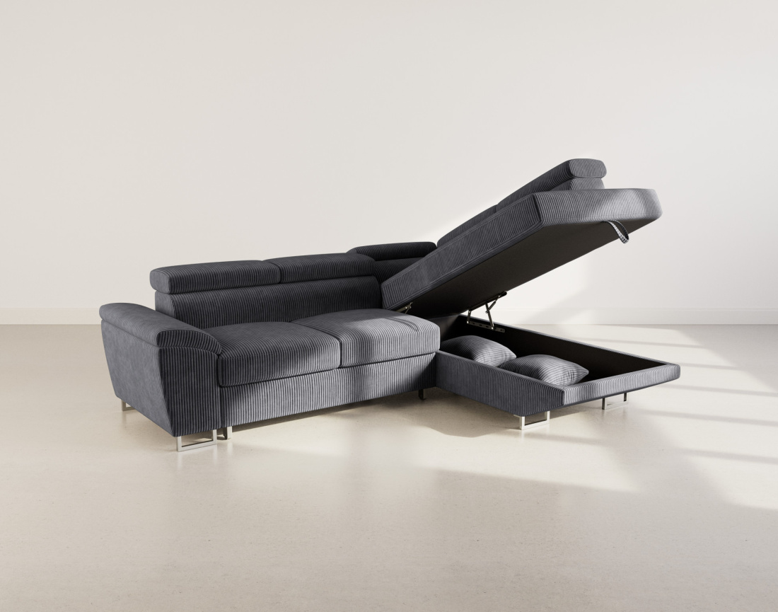 Canapé d'angle droit 5 places convertible avec têtières et coffre en velours côtelé Baoji