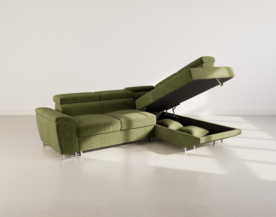 Canapé d'angle droit 5 places convertible avec têtières et coffre en velours côtelé Baoji