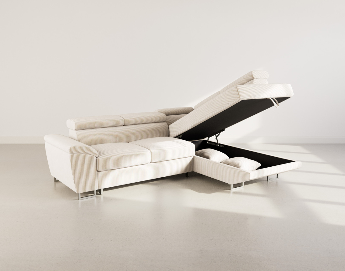 Canapé d'angle droit 5 places convertible avec têtières et coffre en velours côtelé Baoji