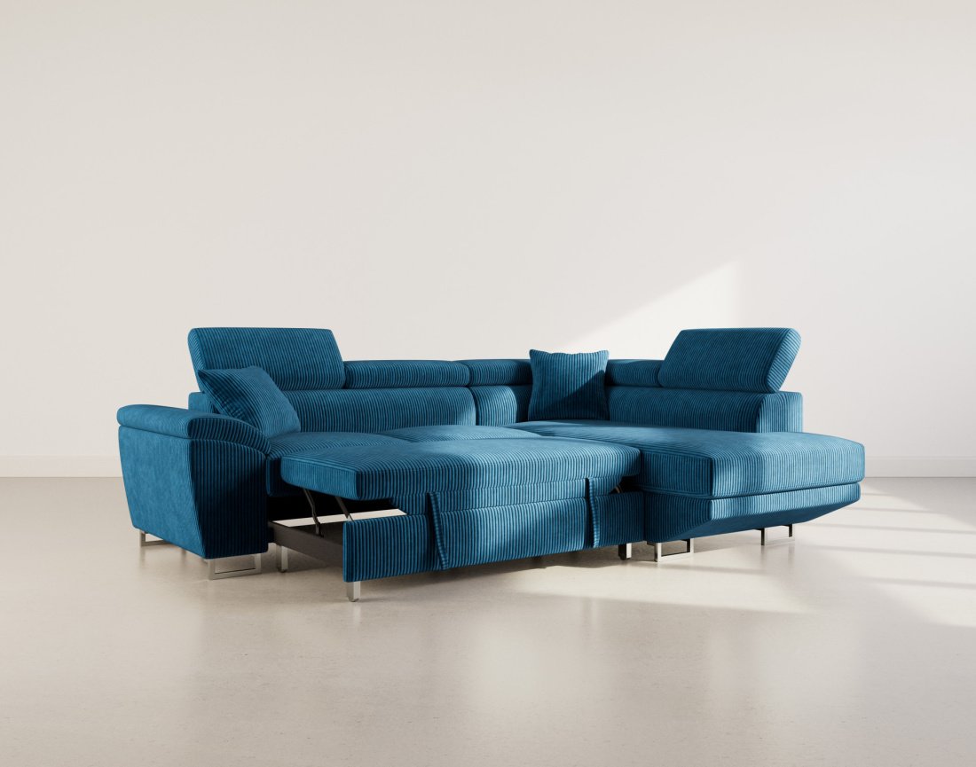 Canapé d'angle droit 5 places convertible avec têtières et coffre en velours côtelé Baoji