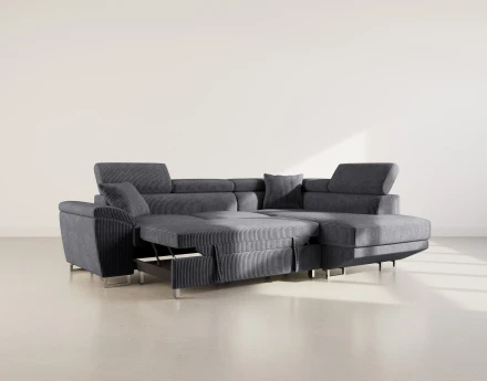 Canapé d'angle droit 5 places convertible avec têtières et coffre en velours côtelé Baoji