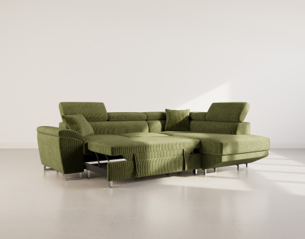 Canapé d'angle droit 5 places convertible avec têtières et coffre en velours côtelé Baoji