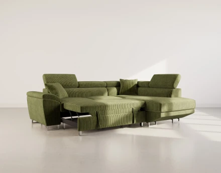 Canapé d'angle droit 5 places convertible avec têtières et coffre en velours côtelé Baoji