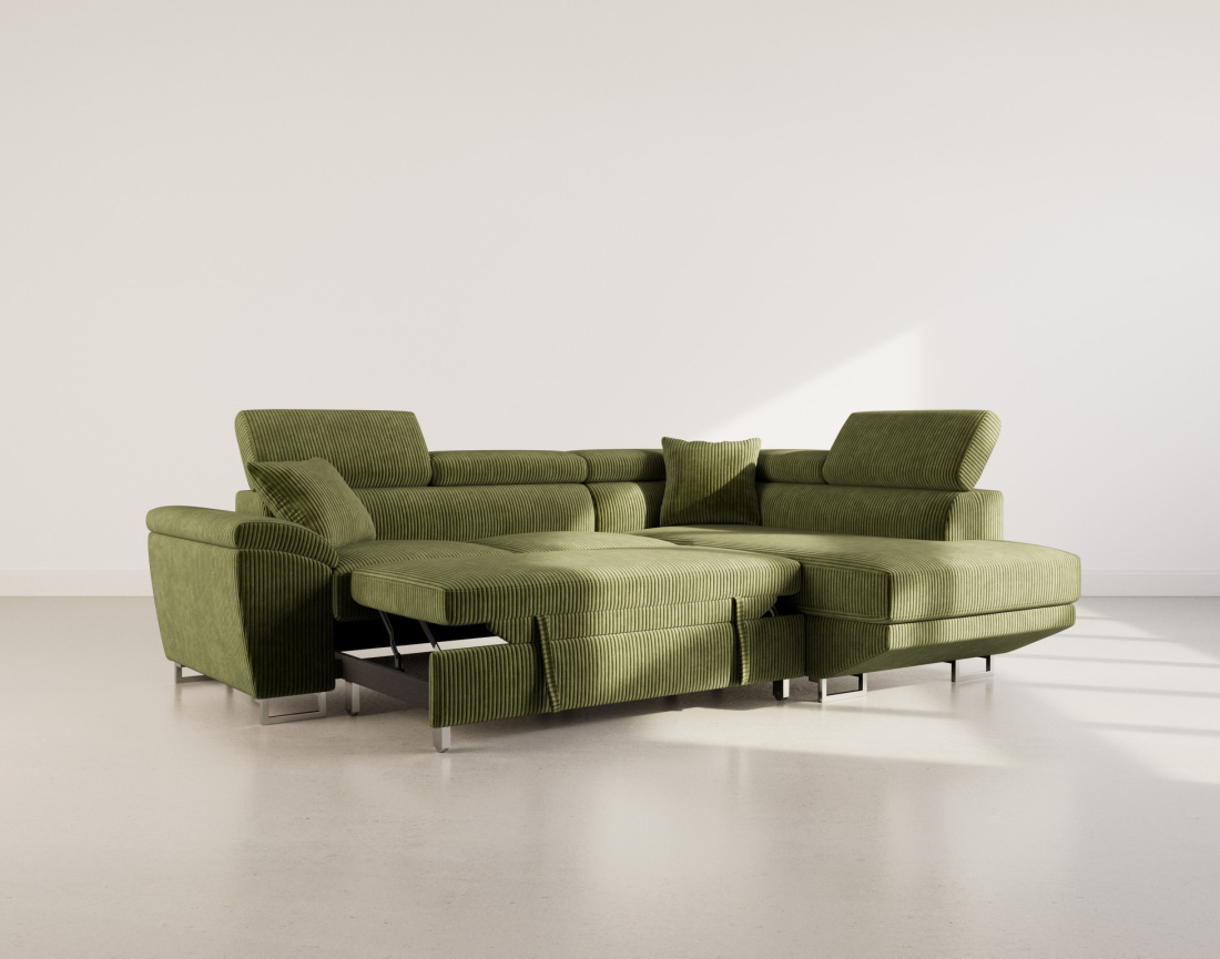 Canapé d'angle droit 5 places convertible avec têtières et coffre en velours côtelé Baoji