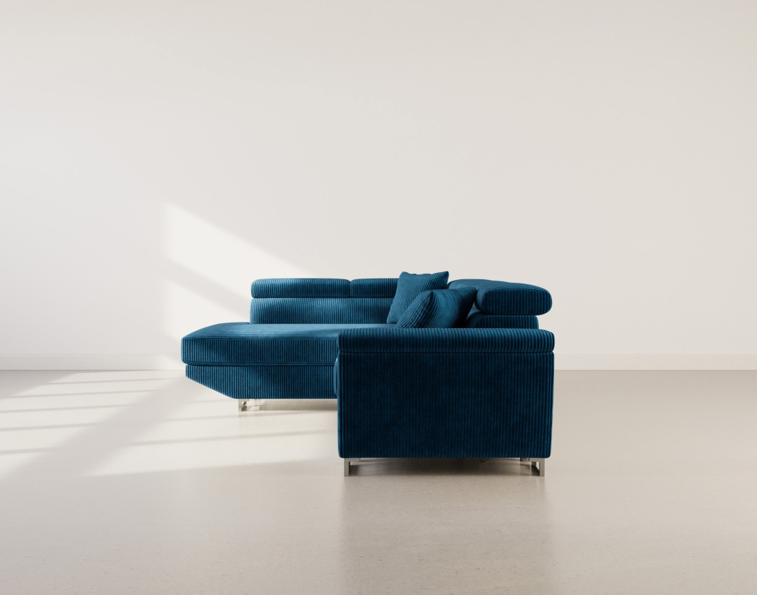 Canapé d'angle gauche 5 places convertible avec têtières et coffre en velours côtelé Baoji