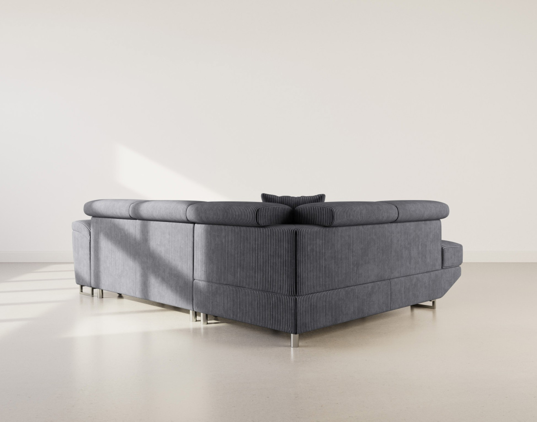 Canapé d'angle gauche 5 places convertible avec têtières et coffre en velours côtelé Baoji